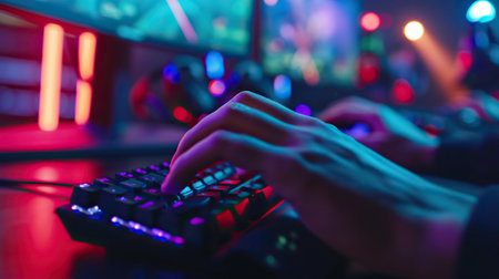 Cropped view of gamer using keyboard with lighting in cyber clubの素材