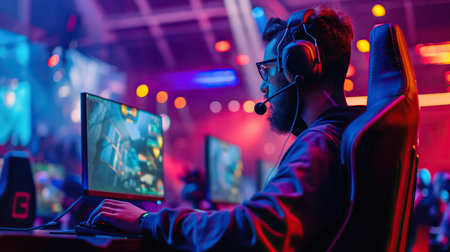 Professional gamer wearing headphones participating in cybersport tournamentの素材