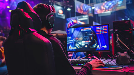 Professional gamer wearing headphones participating in cybersport tournamentの素材