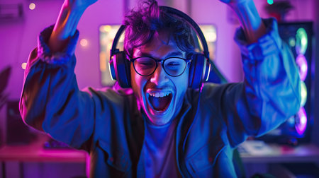 Emotional gamer in headphones failed game tournament. Cybersport conceptの素材