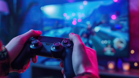 Close-up. Gamepad in the hands of a gamer on a technological background. Neon lightingの素材