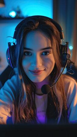 Professional gamer wearing headphones participating in eSport tournament. Cybersport conceptの素材