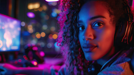 Professional gamer wearing headphones participating in eSport tournament. Cybersport conceptの素材