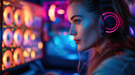Professional female gamer wearing headphones participating in eSport tournamentの素材
