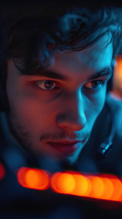 Professional gamer wearing headphones participating in eSport tournament. Cybersport conceptの素材