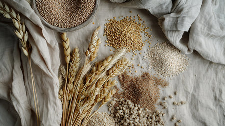 A composition of grains, cereals, and ears of wheat laid out in linen textile fabricの素材
