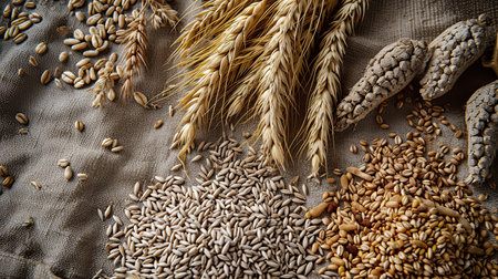 Flat Composition of Grains, seeds and cereals laid out on a wooden surfaceの素材