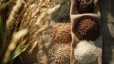 Flat Composition of Grains, seeds and cereals laid out on a wooden surfaceの素材