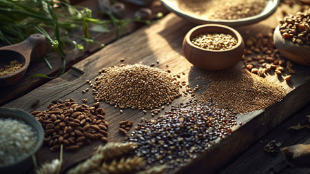 Flat Composition of Grains, seeds and cereals laid out on a wooden surfaceの素材