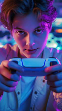 Professional gamer wearing headphones participating in eSport tournament. Cybersport conceptの素材