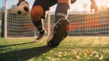 Cropped image of running soccer with ball in stadiumの素材