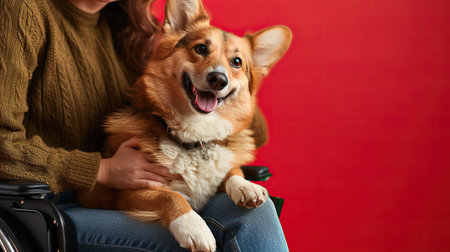 A happy person in wheelchair with friendly dog isolated on color backgroundの素材