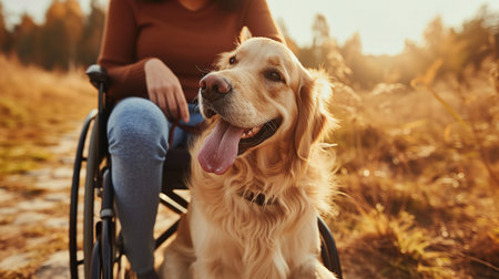 A happy person in wheelchair with friendly dog outdoorの素材