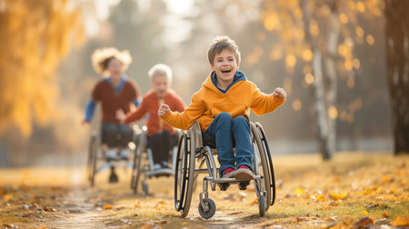 Happy child in wheelchair goes race with other disability children outdoorの素材