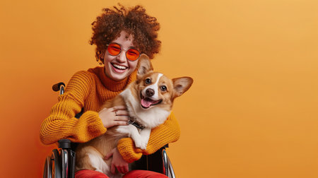 A happy person in wheelchair with friendly dog isolated on color backgroundの素材