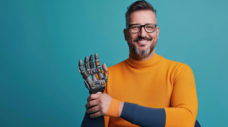 Portrait of happy man with prosthetic hand isolated on color backgroundの素材