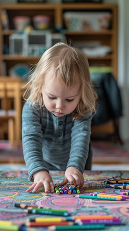 a small child is playing on the floorの素材