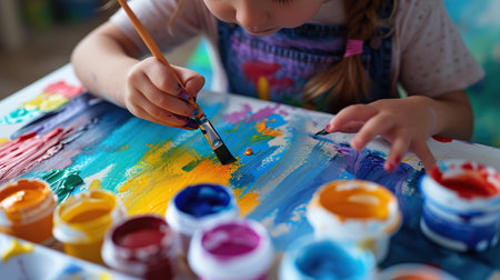 a preschooler painting with minimalistic art supplies, with soft natural light, during creative timeの素材