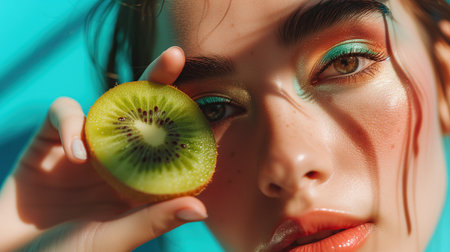 Females eyes enhanced with vibrant green eyeshadow, holding a slice of kiwi near her faceの素材