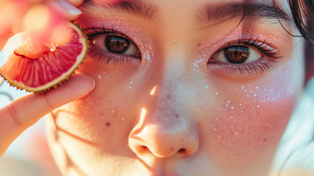 Womans eyes adorned with pastel eyeshadow, delicately holding a slice of lycheeの素材