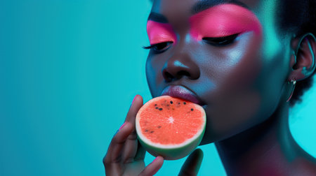 Womans face highlighted with vibrant green makeup, eating a slice of kiwiの素材