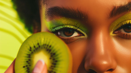 a womans eyes enhanced with vibrant green eyeshadow, holding a slice of kiwi near her faceの素材