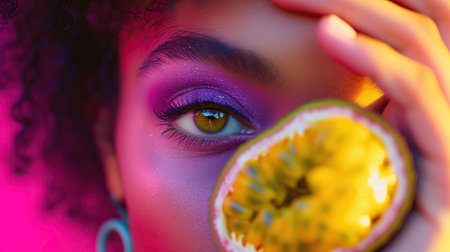 Womans eyes enhanced with vibrant purple eyeshadow, delicately holding a passion fruit near her faceの素材