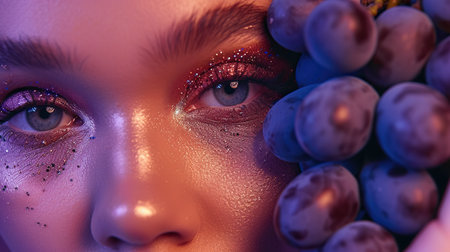 Female eyes sparkling with glitter and adorned with pastel eyeshadow, holding a bunch of grapesの素材