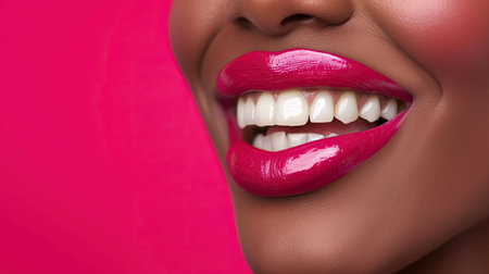 African American attractive womans cyan gloss lips and white teeth smilingの素材