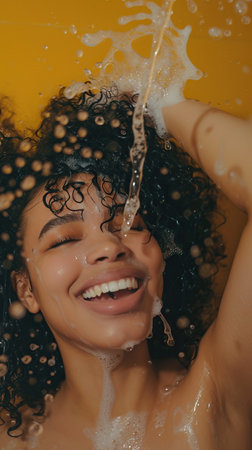 curly haired African American woman rinsing shampoo out of her hairの素材
