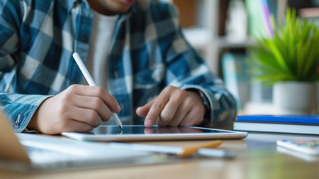 A high school student using a digital stylus on a tablet in a minimalist workspaceの素材