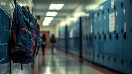 A middle school students backpack hanging on a hook in a hallwayの素材