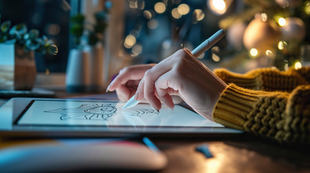 A high school student using a digital stylus on a tablet in a minimalist workspaceの素材