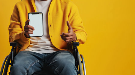 Happy person in wheelchair holds smartphone in hands in color backdropの素材