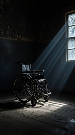 Dramatic photo of wheelchair in dark house interiorの素材