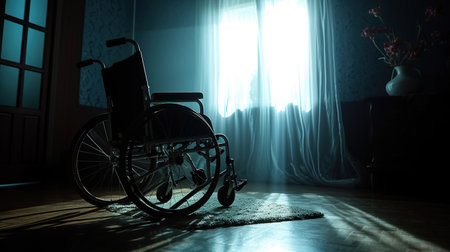 Dramatic photo of wheelchair in dark house interiorの素材