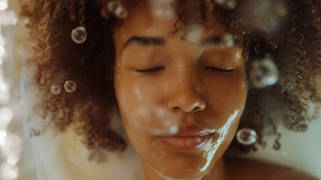 Close up portrait of American woman with curly hair, while taking shower with soap foam and bubblesの素材