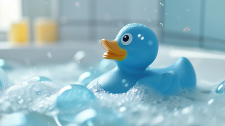 Blue rubber duck floating in bath with soap foam and bubblesの素材