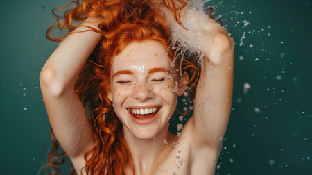 Curly orange haired cheerful woman rinsing shampoo out of her hair, bubblesの素材