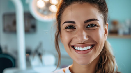 Portrait of happy young woman with healthy smile sitting in dental chair in dentistryの素材