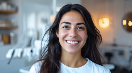 Portrait of happy young woman with healthy smile sitting in dental chair in dentistryの素材