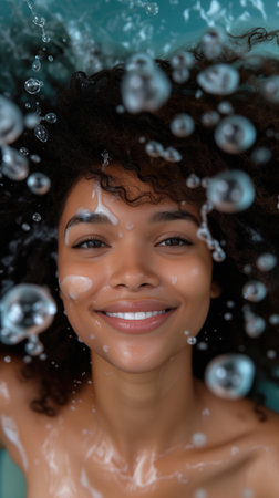 curly haired African American woman rinsing shampoo out of her hairの素材