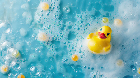 Yellow rubber duck floating in blue bath with soap foam and bubblesの素材