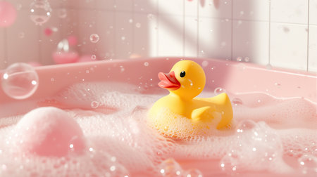 Yellow rubber duck floating in bath with pink soap foam and bubblesの素材