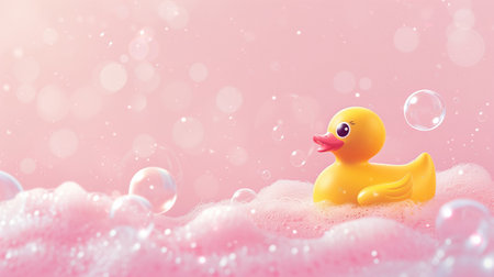 Yellow rubber duck floating in bath with pink soap foam and bubblesの素材