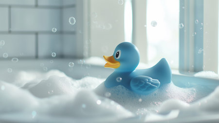 Blue rubber duck floating in bath with soap foam and bubblesの素材