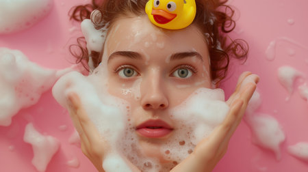 Beauty influencer, washing face, touching her face with her hands with soap foamの素材