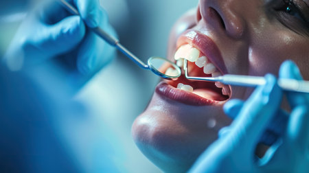 Patient communicating satisfaction with their dental care with minimalistic dental toolsの素材