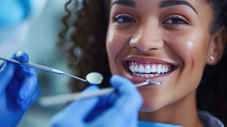 the dentist checks the condition of the patients teeth for holes or damage in the dental officeの素材