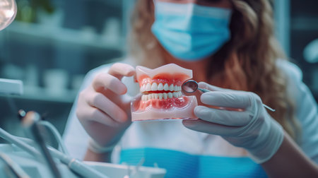A dentist shows a model of a human jaw with teeth to a patient in a dental officeの素材